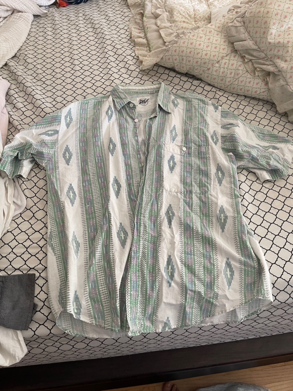 Vintage Casual Patterned Short-Sleeve Shirt - Green/White